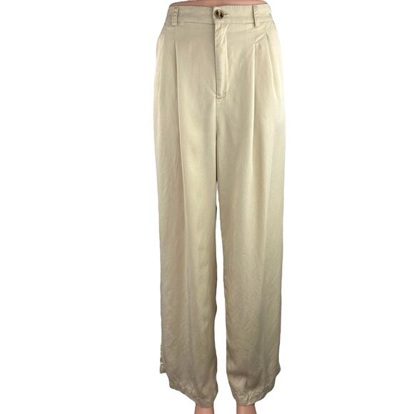 Et Clet Cream High Rise Pleated Career Cozy Ankle Wide Leg Trouser Pants Size M - Picture 1 of 5